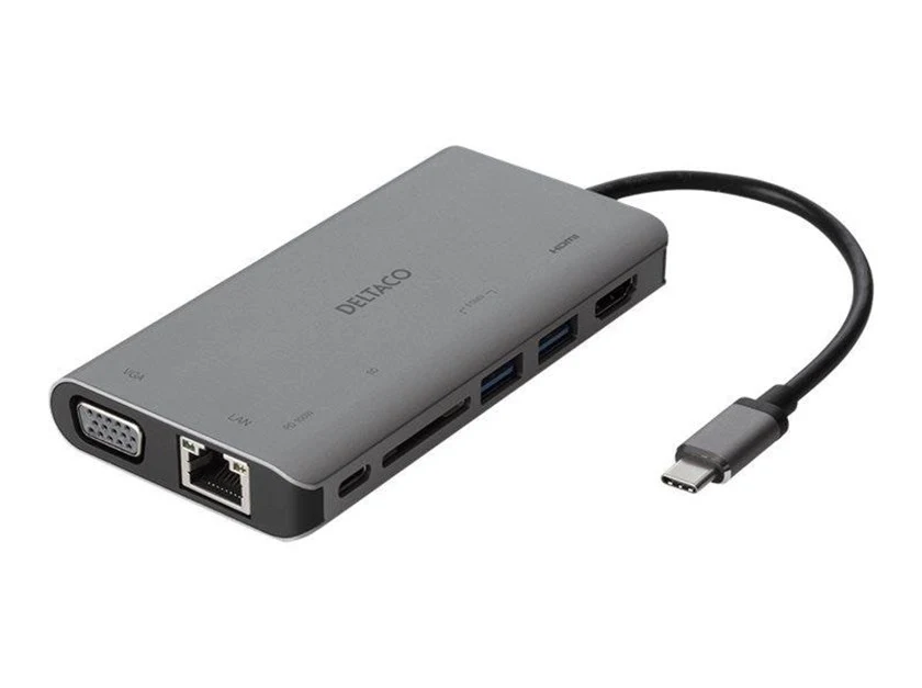 Deltaco USB-C dockningsstation i svart med flera portar