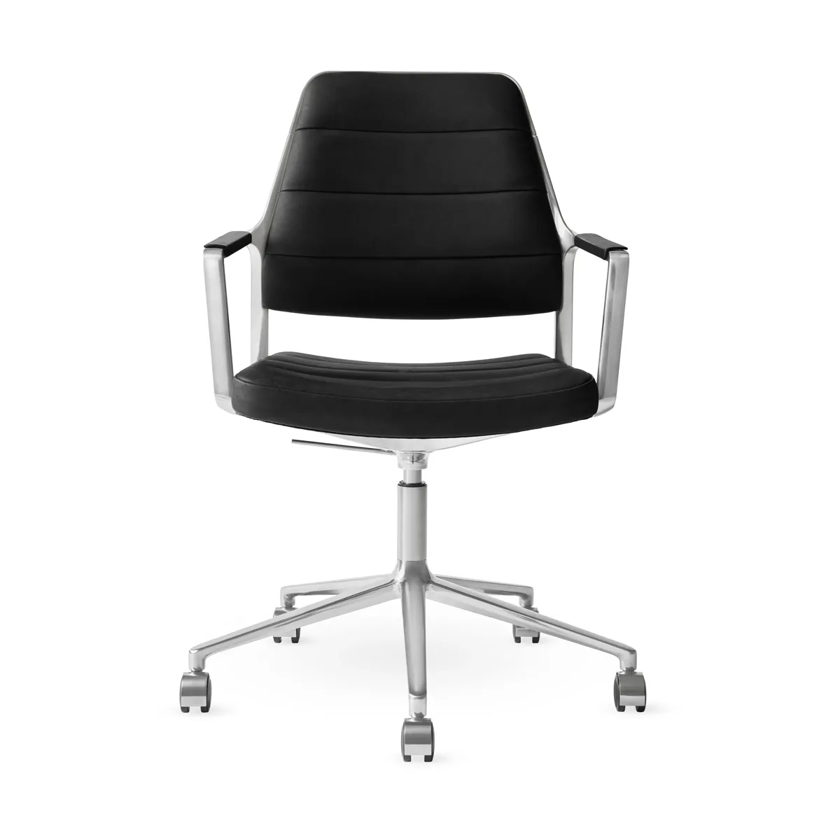 Vipp455+ Swivel chair kontorsstol med hjul i svart läder och polerad aluminium