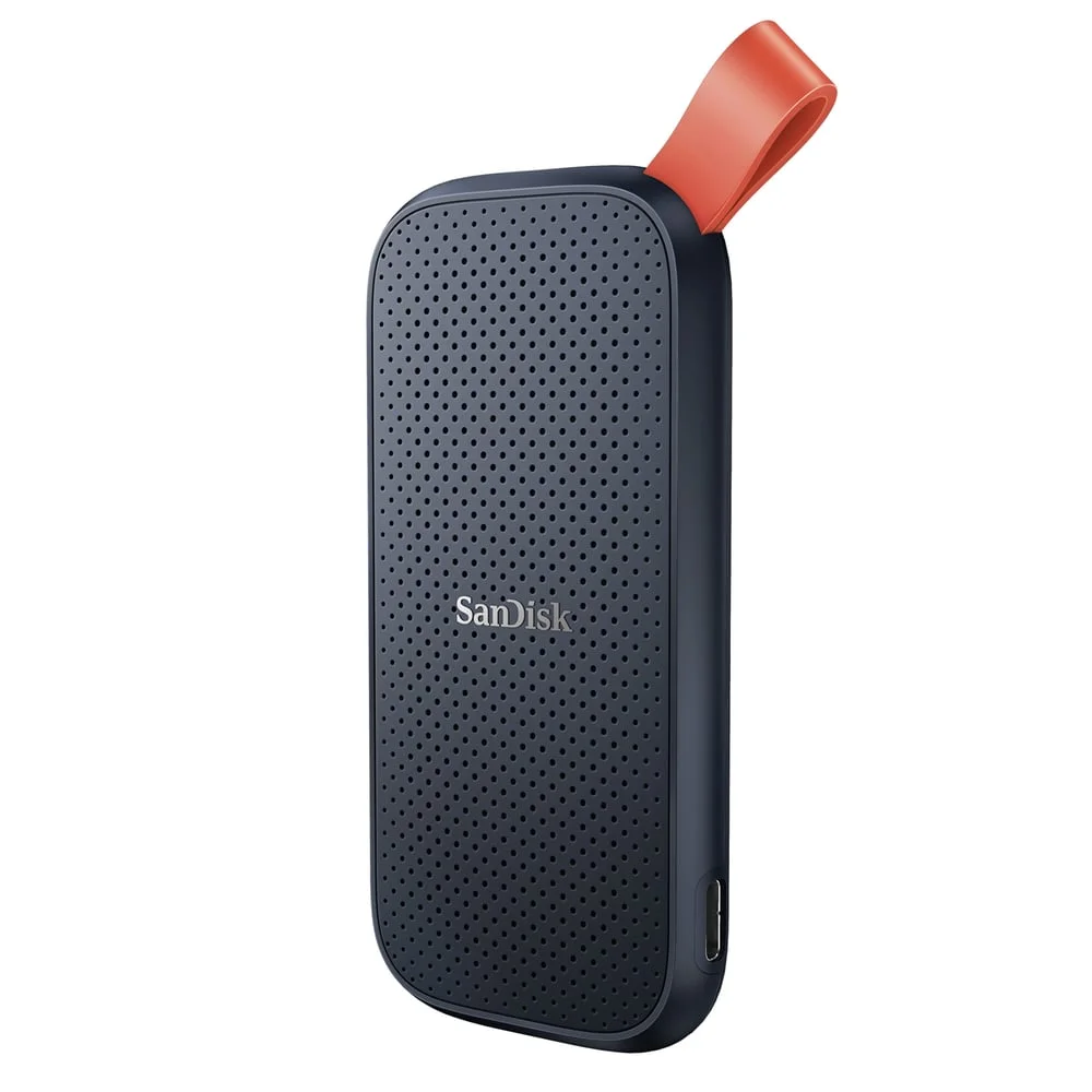 SanDisk portabel SSD i mörkblått med orange ögla