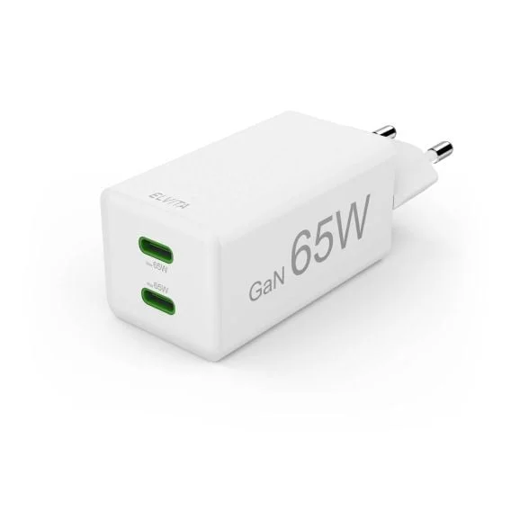 Elvita Mini-Charger GaN i vitt med två USB-C-portar