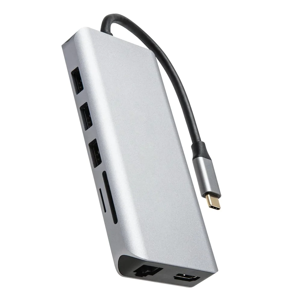 Plexgear USB-C-multiadapter i silver med portar längs sidan
