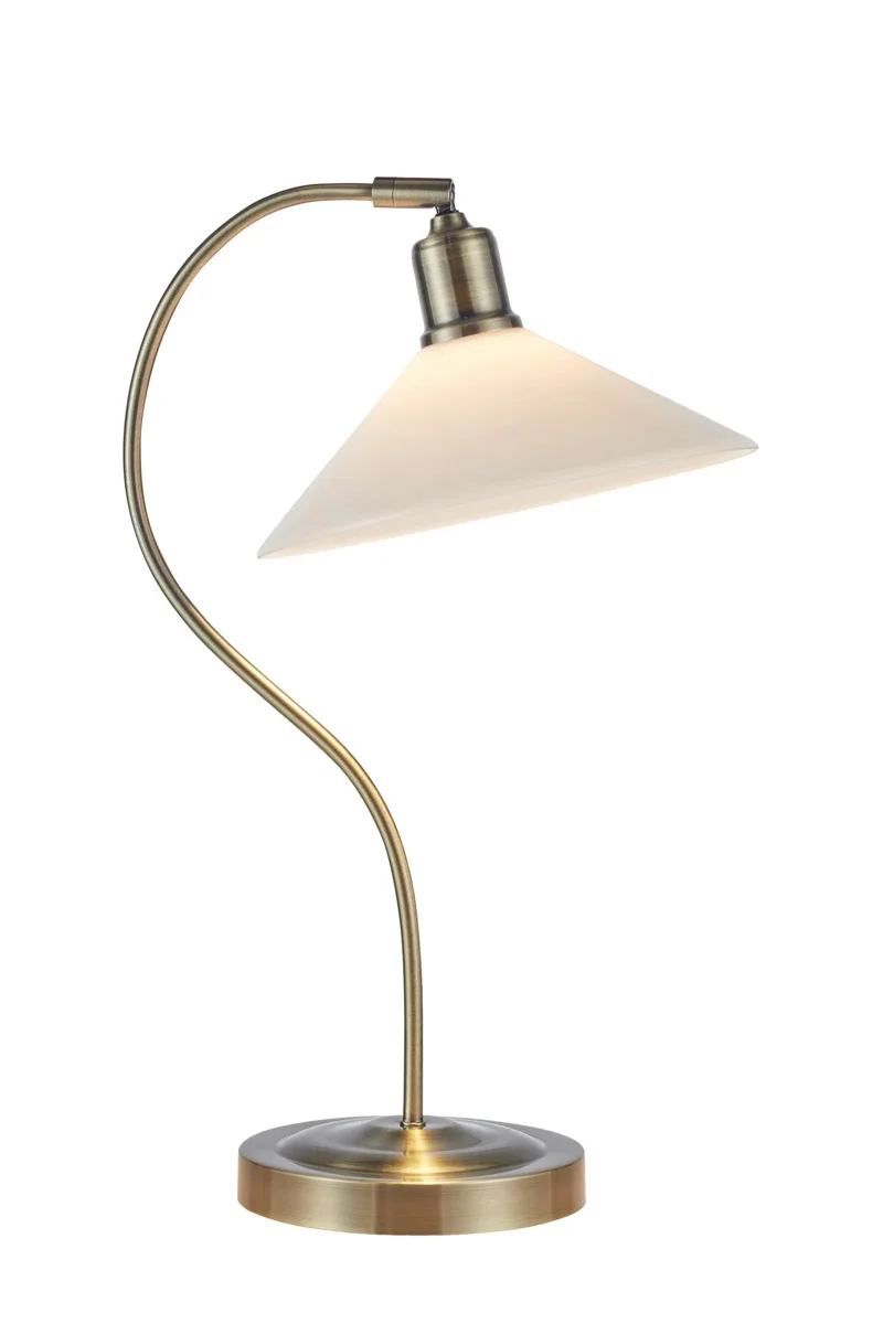 Markslöjd Vela bordslampa med vit opalglasskärm och böjd mässingsbas
