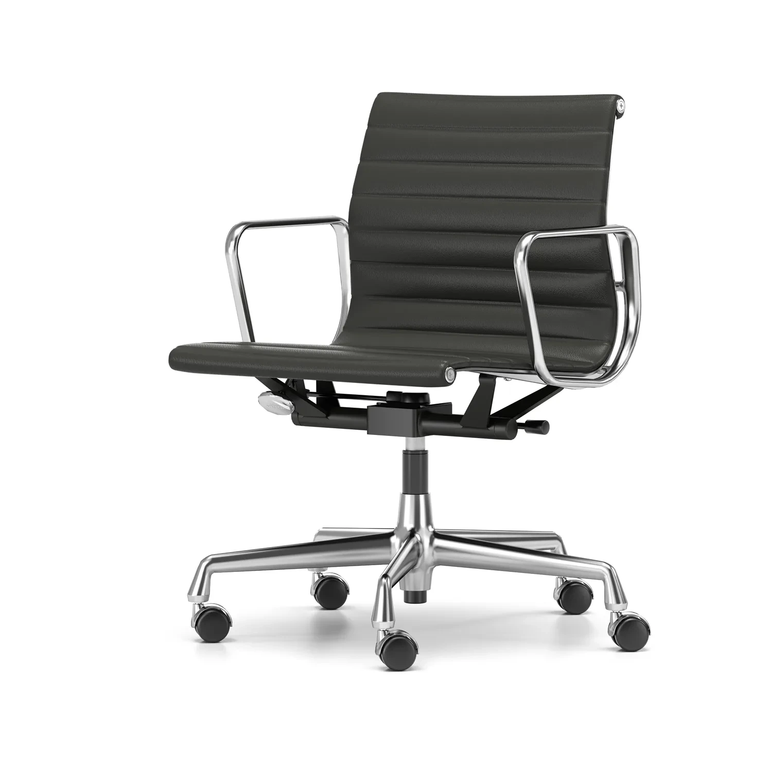Vitra EA 118 stol i svart L20-läder och polerat krom med mjuka bromsade hjul