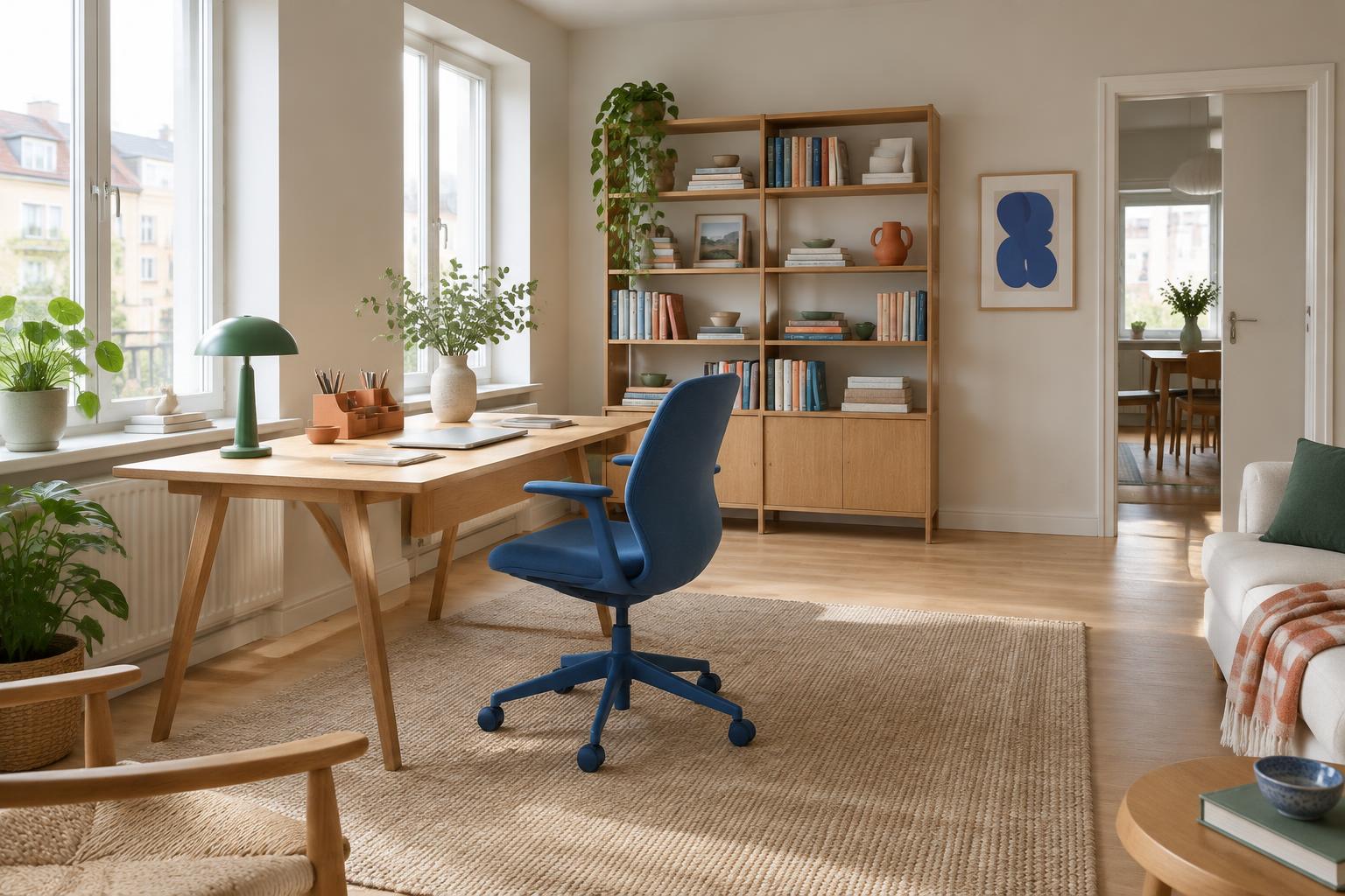 Färgstarkt hemmakontor med terrakotta och gröna toner