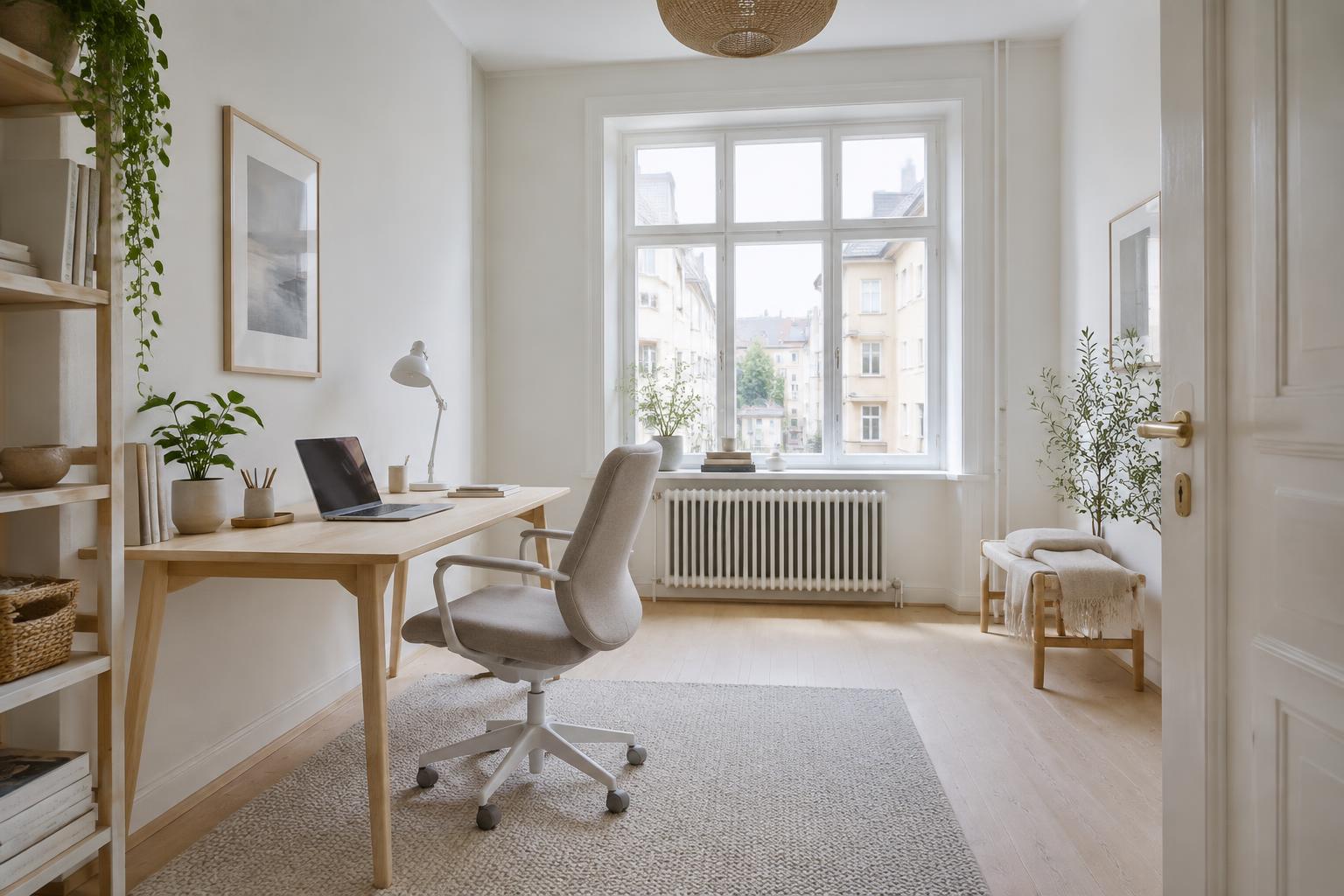 Ljust skandinaviskt hemmakontor med trä och neutrala toner